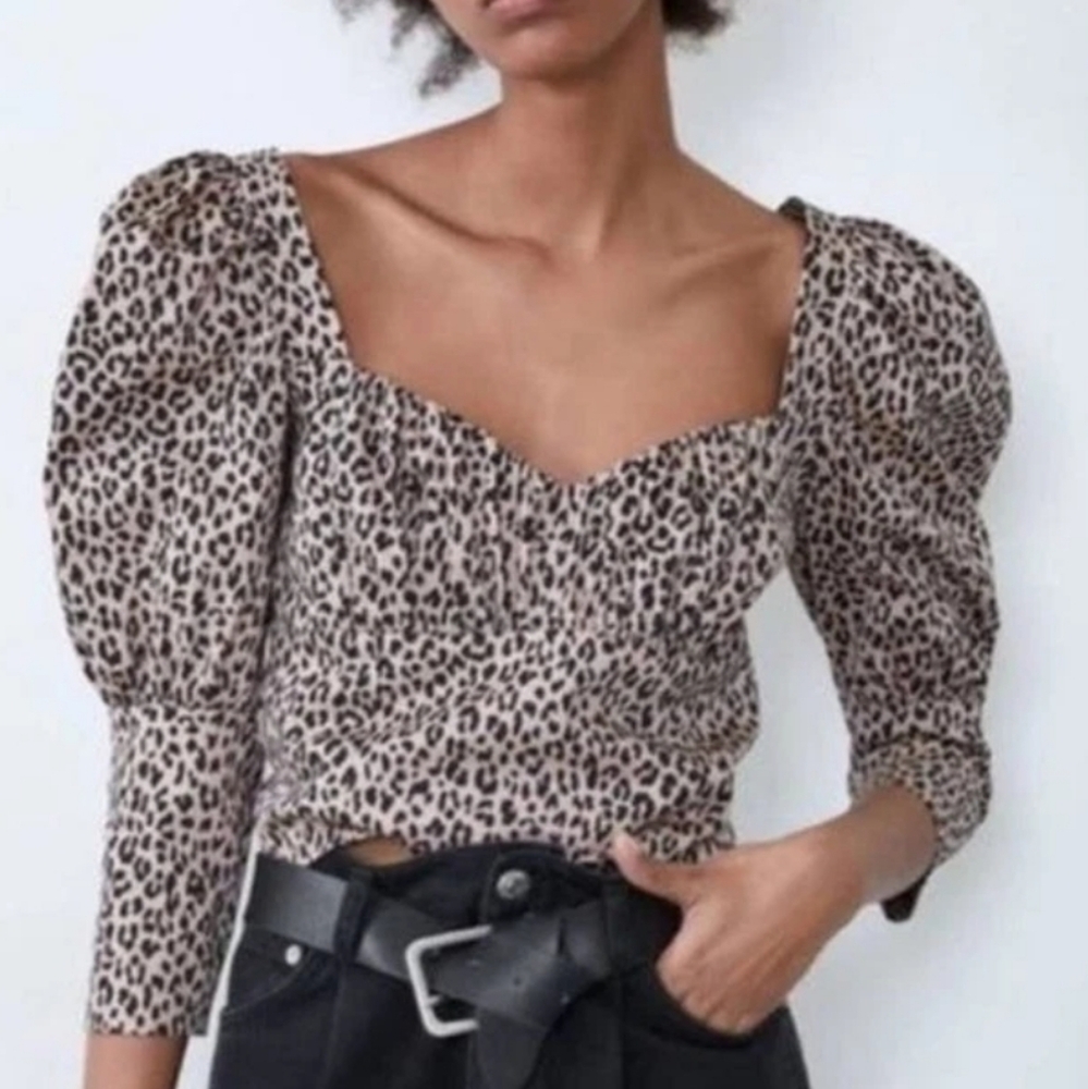 Zara Leopard Print Puff Sleeve Poplin Top